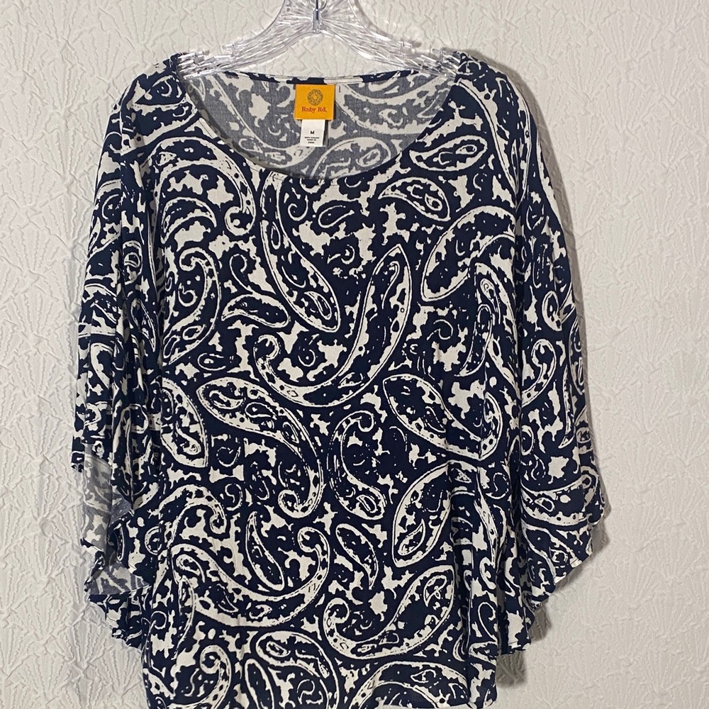 Ruby Rd. Navy and White Paisley Blouse Free Flowing Bohemian Airy Effortless